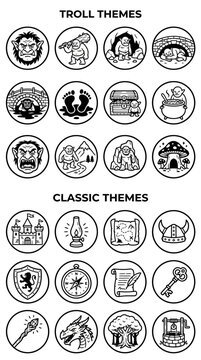 Fantasy Icons: Trolls, Castles, Dragons, Treasure - Vector Graphics