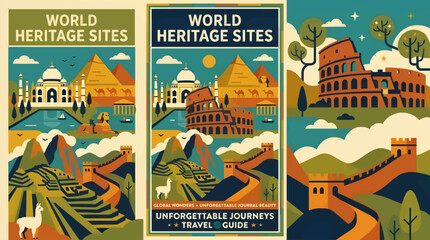 Flat 2D Vector Illustration of World Heritage Sites: Taj Mahal, Pyramids, Sphinx, Great Wall, Machu Picchu, and Colosseum, with Llama and Camel, Travel Poster Style, Warm Color Palette, Graphic Design © moh