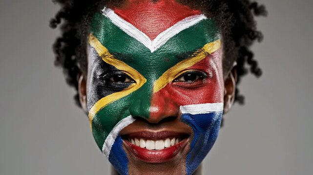 Woman With South African Flag Face Paint Symbolizing National Pride and Unity in the Rainbow Nation in Vibrant Colors and Geometric Precision