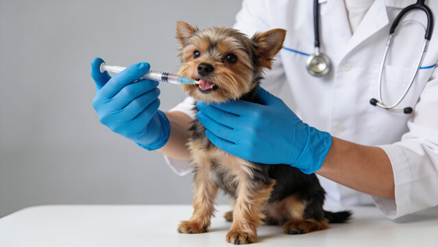 Veterinarian Giving Oral Liquid Medication to Small Yorkshire Terrier Dog with Syringe