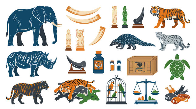 Wildlife Trafficking Illegal Trade Animals Ivory Horns Poaching Conservation Vector Art