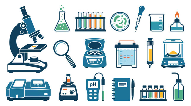Science Laboratory Equipment Flat Icons Set for Chemistry and Biology Research