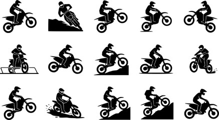 Naklejka premium Motocross & Dirt Bike silhouette icon set, flat black glyph style, pure white background