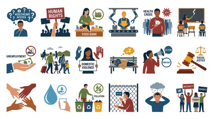 Fototapeta premium Social Issues and Human Rights Flat Icons: Healthcare, Food, Poverty, Justice