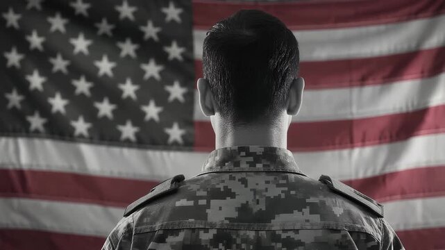Black-and-white video of a soldier facing the American flag, with the flag itself in color.