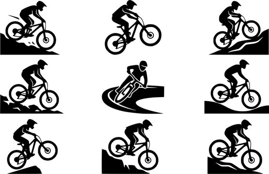 Mountain Biking silhouette icon set, flat black glyph style, pure white background