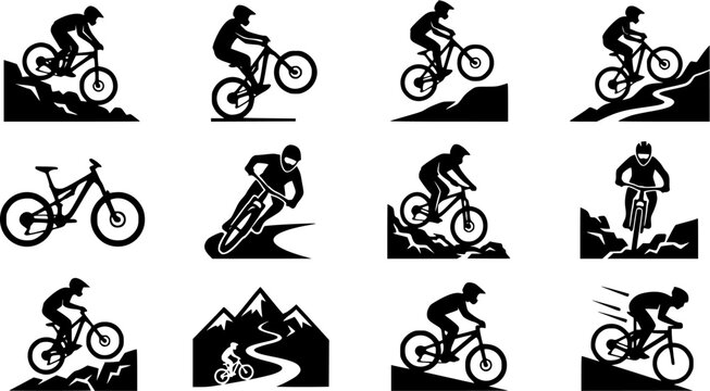 Mountain Biking silhouette icon set, flat black glyph style, pure white background