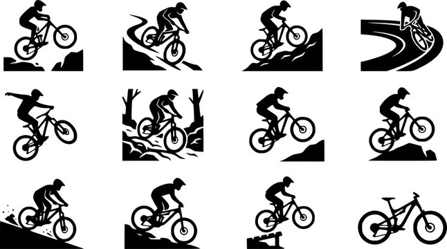 Mountain Biking silhouette icon set, flat black glyph style, pure white background