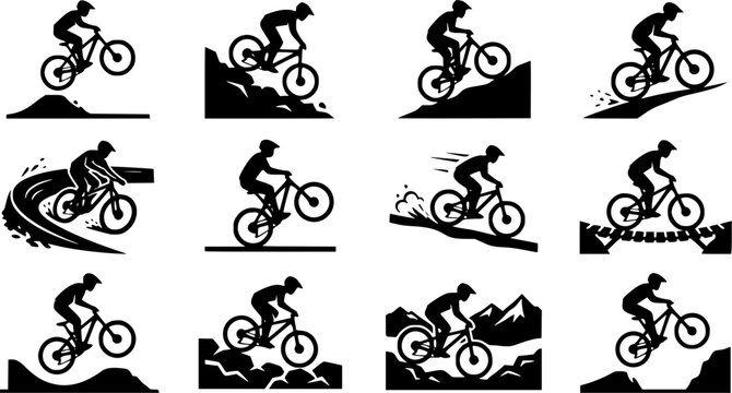 Mountain Biking silhouette icon set, flat black glyph style, pure white background