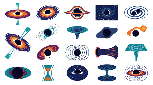 Astronomy and Space Science Flat Vector Black Hole Icons Set: Singularities, Accretion Disks, and Spacetime Concepts