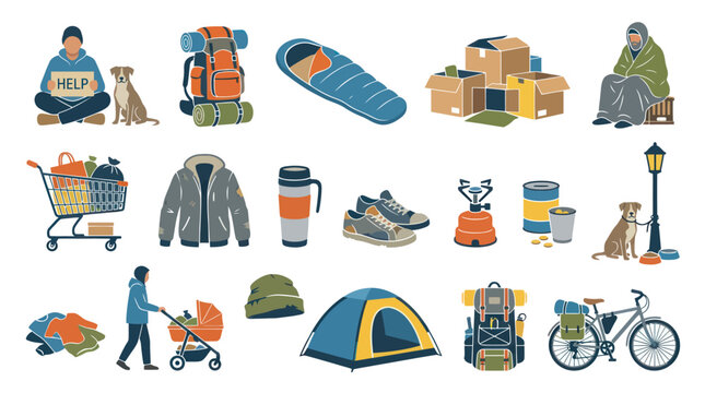 Flat Vector Illustration: Homelessness, Outdoor Survival, Poverty, and Camping Items Collection.