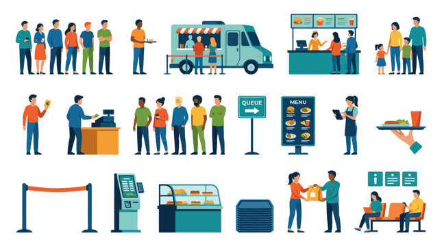 Food Service Customer Experience Flat Illustration Set: People Ordering, Serving, Waiting in Restaurant  Cafe