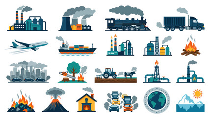 Fototapeta premium Flat Vector Icons Set: Climate Change, Pollution, Global Warming, and Industrial Impact on Environment