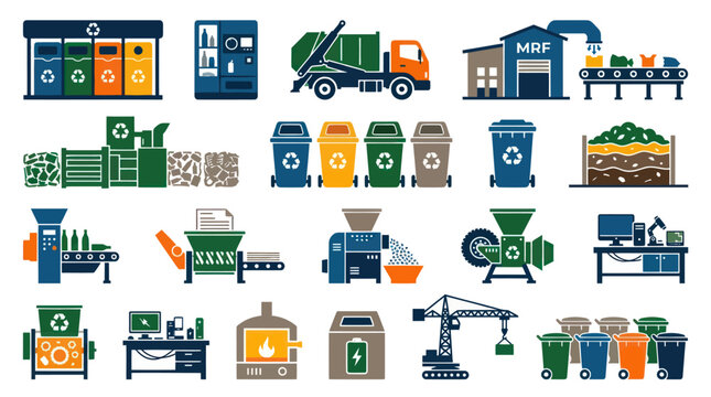 Recycling Equipment Flat Icons Set: MRF, Truck, Bins, Shredder, Crane