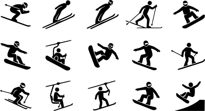 Skiing Silhouette Icons &ndash; Winter Sport Action Vector Bundle