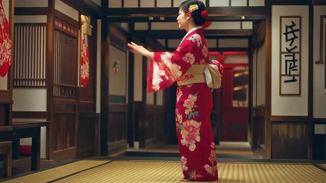 Woman in traditional Japanese clothing performing a traditional bow.