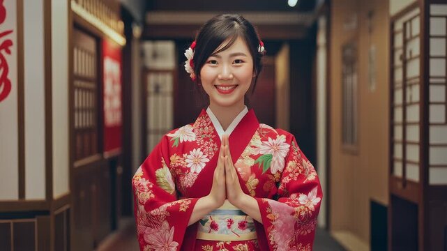 Woman in traditional Japanese clothing performing a traditional bow.