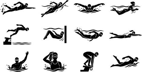 Fototapeta premium Swimming Athlete silhouette icon set, flat black glyph style, pure white background