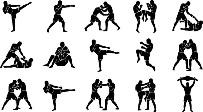 MMA Fighter silhouette icon set, flat black glyph style, pure white background