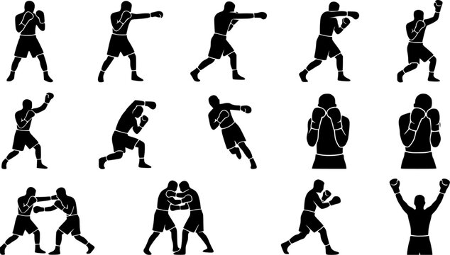 MMA Fighter silhouette icon set, flat black glyph style, pure white background