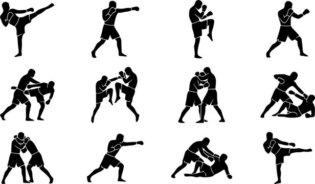 MMA Fighter silhouette icon set, flat black glyph style, pure white background