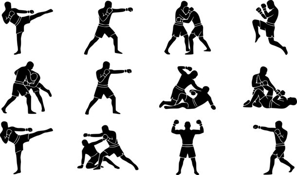 MMA Fighter silhouette icon set, flat black glyph style, pure white background