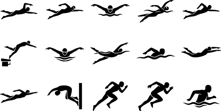 Swimming Athlete silhouette icon set, flat black glyph style, pure white background
