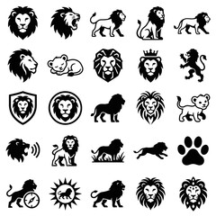 Naklejka premium Lion Icons Set: Majestic King of Beasts in Various Poses and Styles
