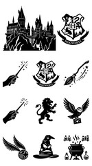 Magical School Symbols: Castle, Crest, Wand, Broom, Owl, Hat, Cauldron, Snitch © triyanto