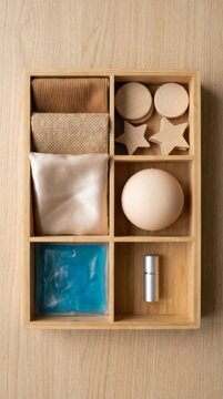 Natural self care products arranged in a minimalist wooden organizer tray with eco friendly