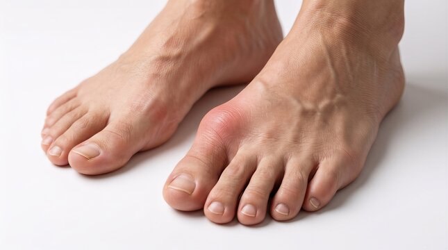 Human feet displaying prominent hallux valgus deformity with inflamed red skin bunion at base of big toe isolated on plain white background showing signs of discomfort and joint inflammation.