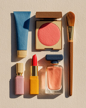 Top view of cosmetics makeup products setup with lipstick brush and perfume, 립스틱 브러시 향수가 있는 화장품 메이크업 제품 탑뷰 플랫레이