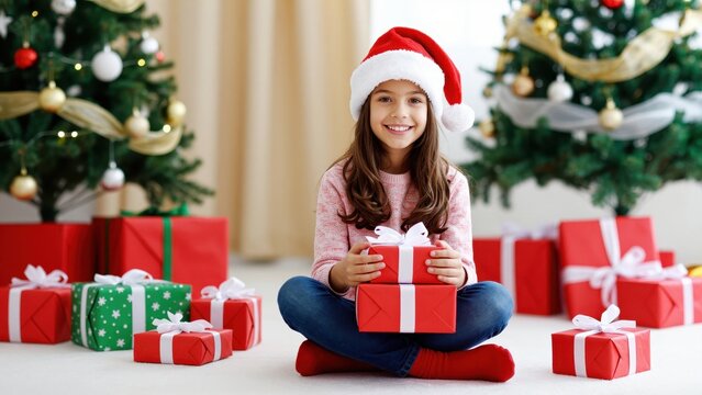Joyful Christmas Morning: A young girl wearing a Santa hat sits cross-legged amidst a festive scene, surrounded by beautifully wrapped gift boxes and decorated Christmas trees.