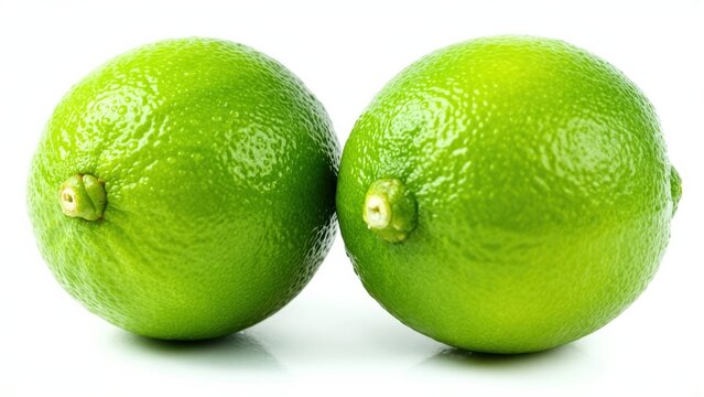Two Fresh Limes: A close-up shot showcases two vibrant green limes with textured skin, isolated on a clean white background, highlighting their natural freshness and zesty appeal.