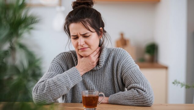 Woman touching sore throat feeling sick with cup of tea