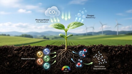 Fototapeta premium Agricultural science graphic of photosynthesis macronutrients and soil carbon sequestration