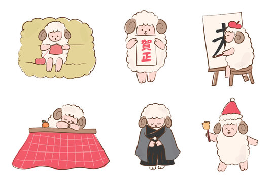 年賀状用の手描きのかわいい羊のイラストセット