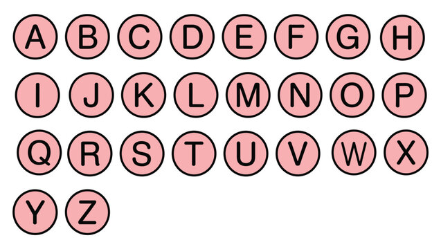 Alphabet letters A to Z in pink circles on a white background