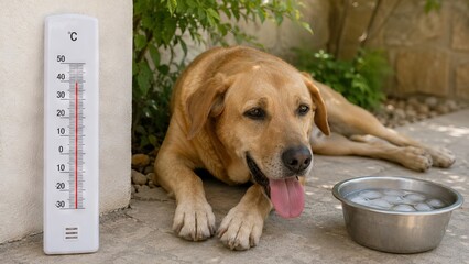 Labrador retriever dog panting during extreme heatwave with thermometer displaying high temperature and metal bowl of ice. Concept of animal safety during hot summer weather conditions