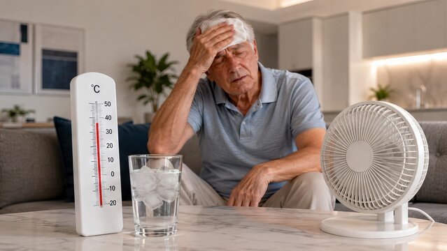 Man suffering from heatstroke during extreme heatwave. Elderly man using cooling cloth and electric fan at home. High temperature on thermometer and glass of water. Health safety