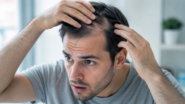 Concerned young man checking thinning hair and receding hairline in bathroom mirror, male pattern hair loss awareness, early baldness, scalp care and hair restoration options