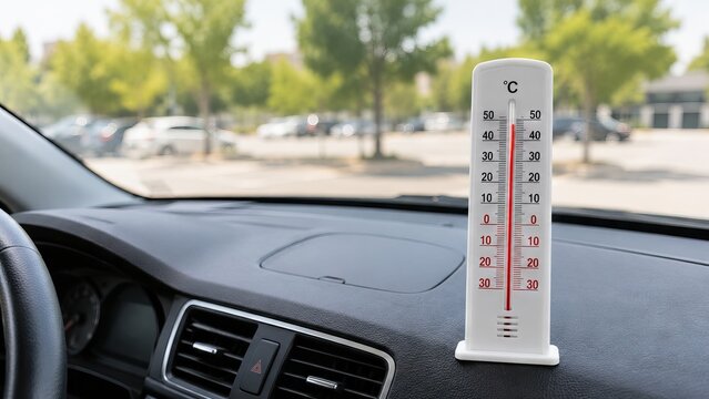 Thermometer inside a car showing high temperature during a summer heatwave. Extreme weather condition, climate warning and global warming concept. Danger of heatstroke in vehicle