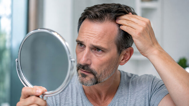 Middle aged man checking hairline in mirror highlighting male pattern baldness, hair thinning, stress related hair loss and scalp health