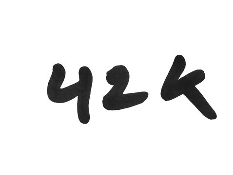 Black handwritten text reading 42k written with a marker brush stroke isolated on transparent background