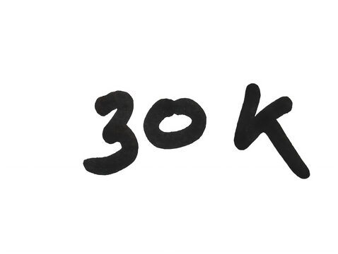 Handwritten black text sign saying 30k for social media milestone and follower count celebration isolated on transparent background