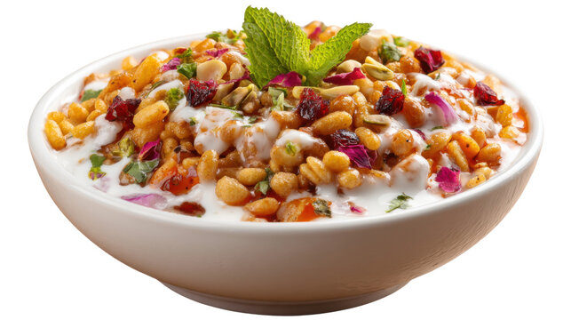 Delicious Indian dahi bhel chaat topped with yogurt chutneys crunchy sev fresh herbs colorful garnish served in white bowl on white background