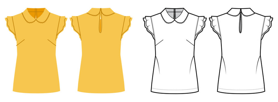Top with ruffle sleeves, rounded collar and fitted silhouette with clean shaping seams. Technical fashion illustration in black and white and color, front and back views, apparel CAD template. Vector