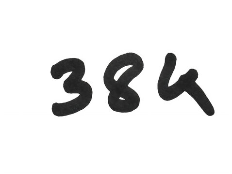 Handwritten number three hundred eighty four written with black marker isolated on transparent background