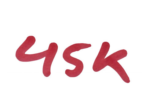 Handwritten red marker ink text 45k sign for social media milestone celebration isolated on transparent background