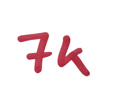 Handwritten red marker number 7k on a piece of paper isolated on transparent background